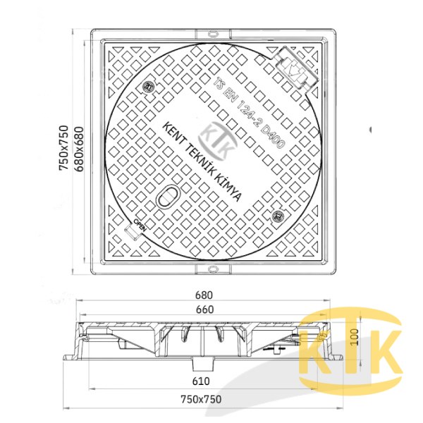 Döküm Yuvarlak Kare Çerçeveli Rögar Kapağı Takımı Ø600 mm (DKT.600-D6)